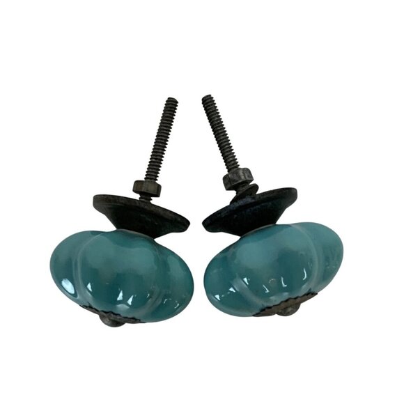 Vintage Style Teal Ceramic Pumpkin Drawer Knobs Set Of 2 For Cabinets Furniture - Picture 2 of 4